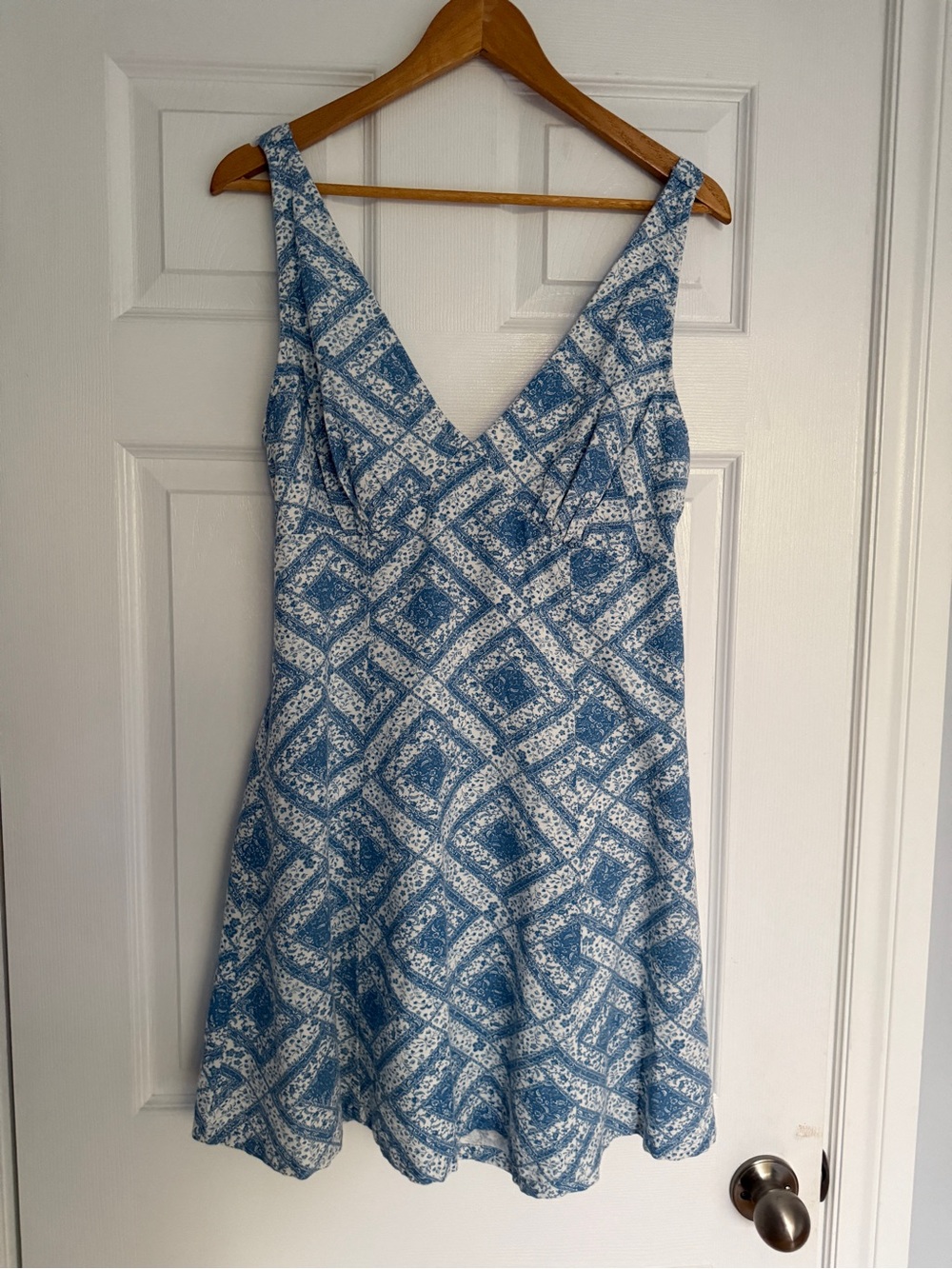 Blue Geometric V-Neck Mini Dress